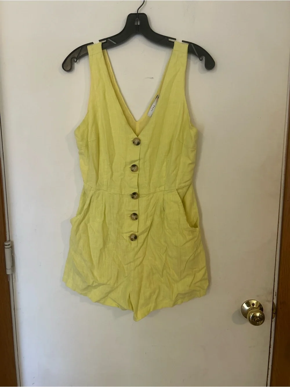 Lush Medium Linen Blend Yellow V-Neck Button-Front Romper - Picture 2 of 11